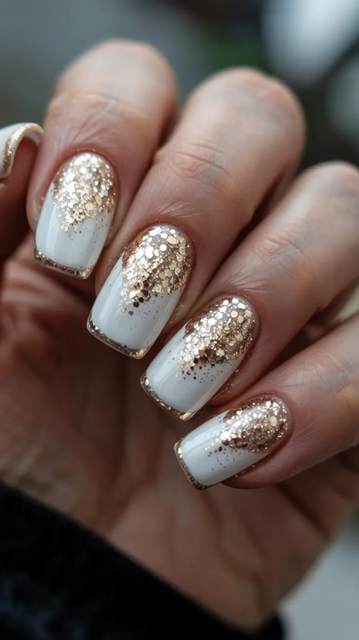 gold nails 2026 Frosted White with a Golden Root Fade