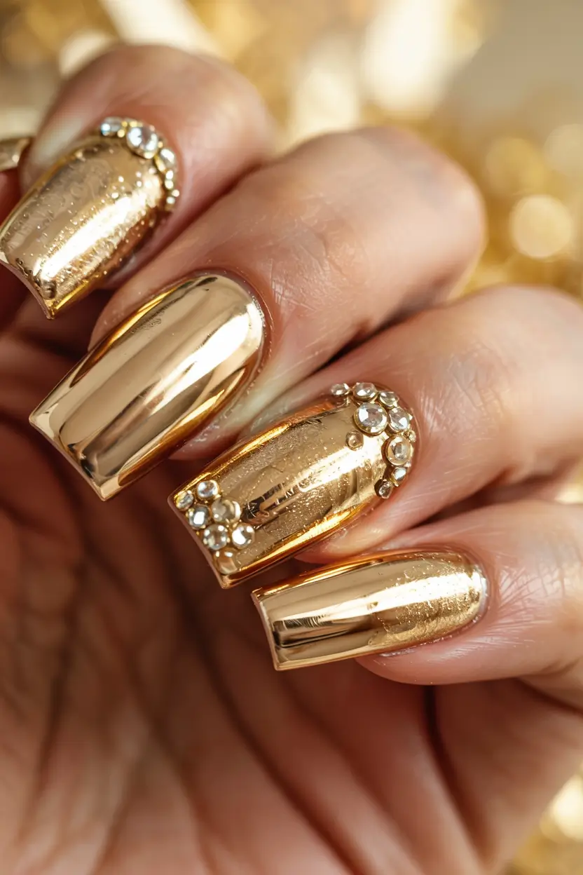 gold nails 2026 Golden Armor with Crystal Embellishments