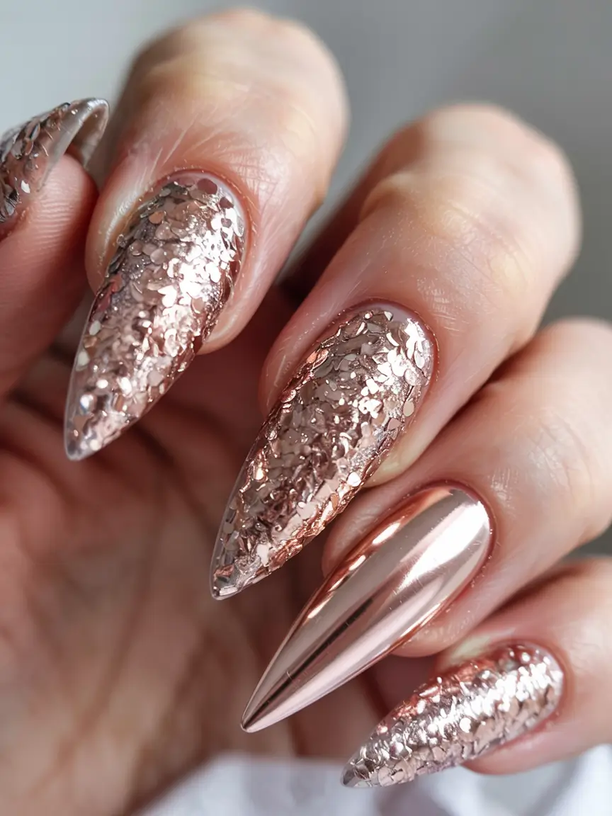 gold nails 2026 Rose Gold Glitter Meets Chrome Impact