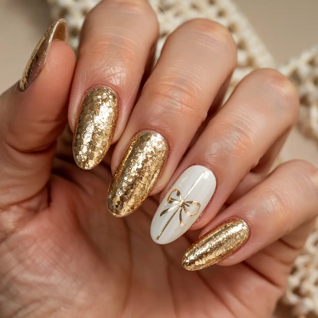 gold nails 2026 Wrapped Like a Present: Gold & Ribbon Detail