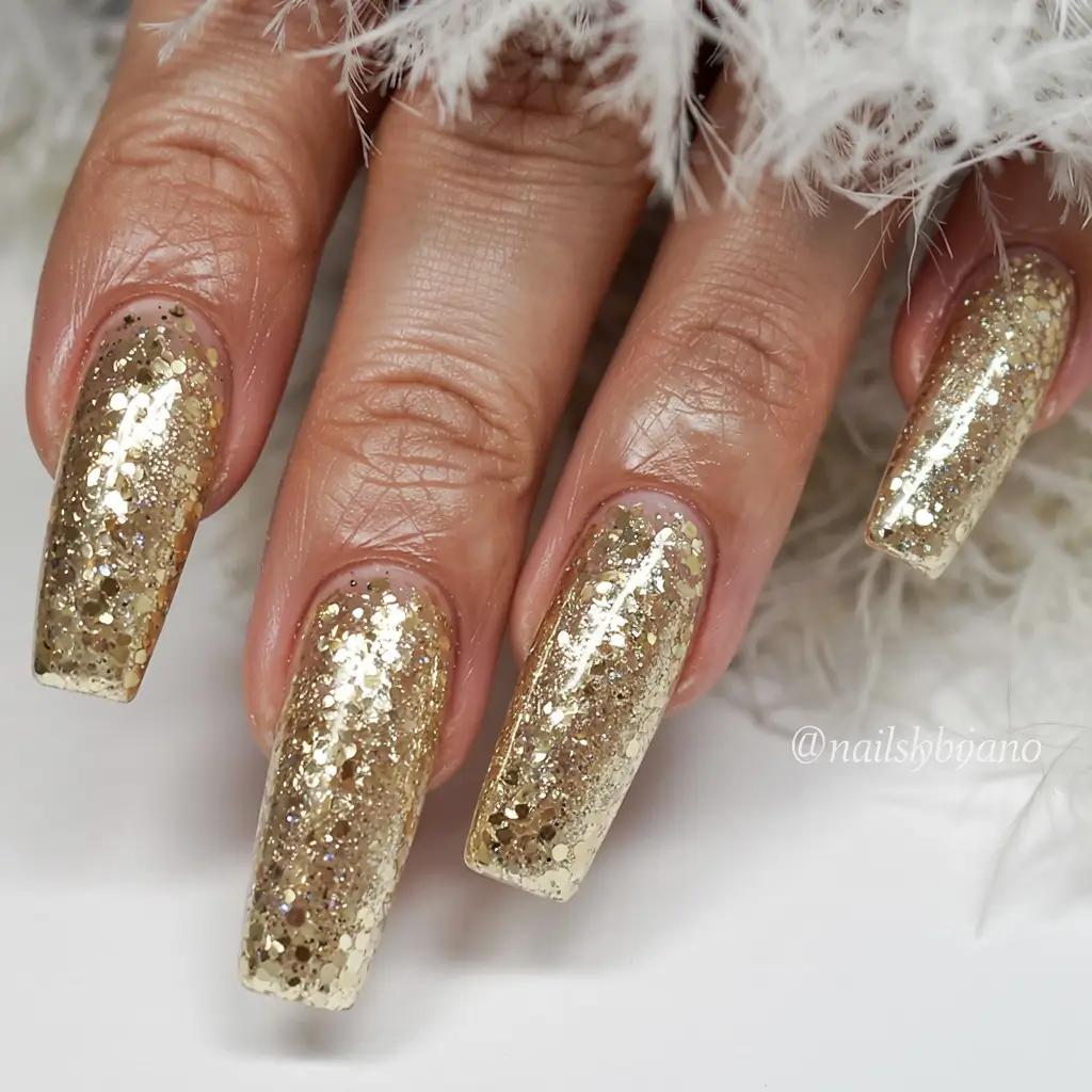 gold nails 2026 Classic Coffin Cut with Glitter Bomb Glam