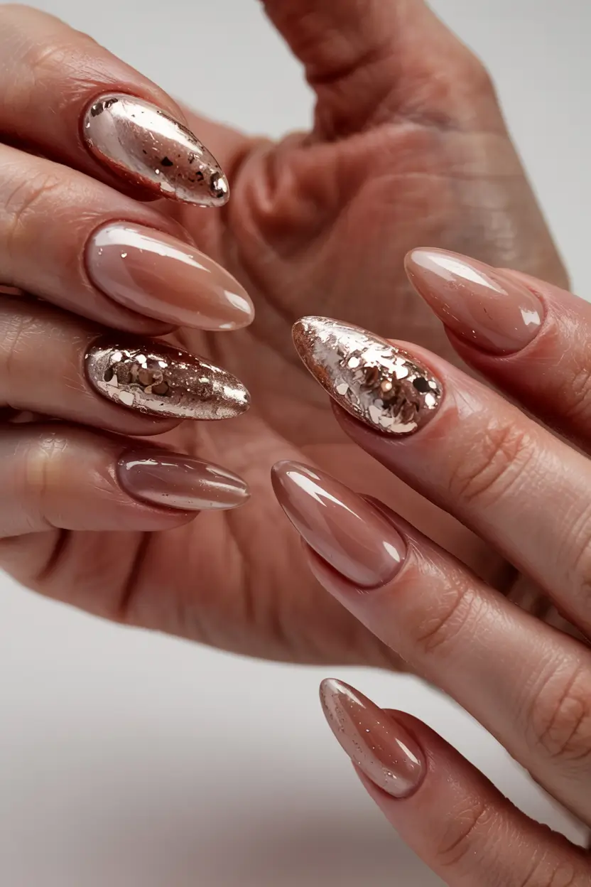 gold nails 2026 Neutral Base with Gold Foil Art