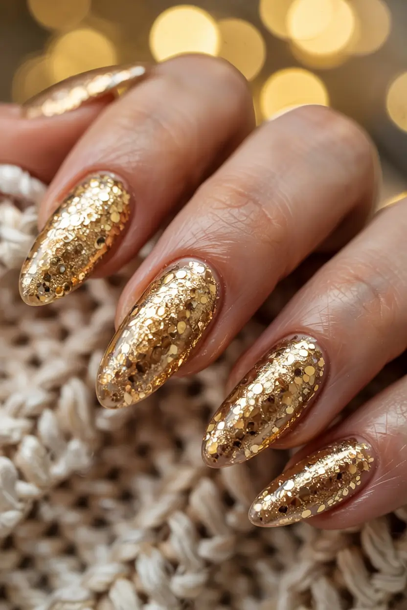 gold nails 2026 Golden Sequin Crush for Maximum Sparkle