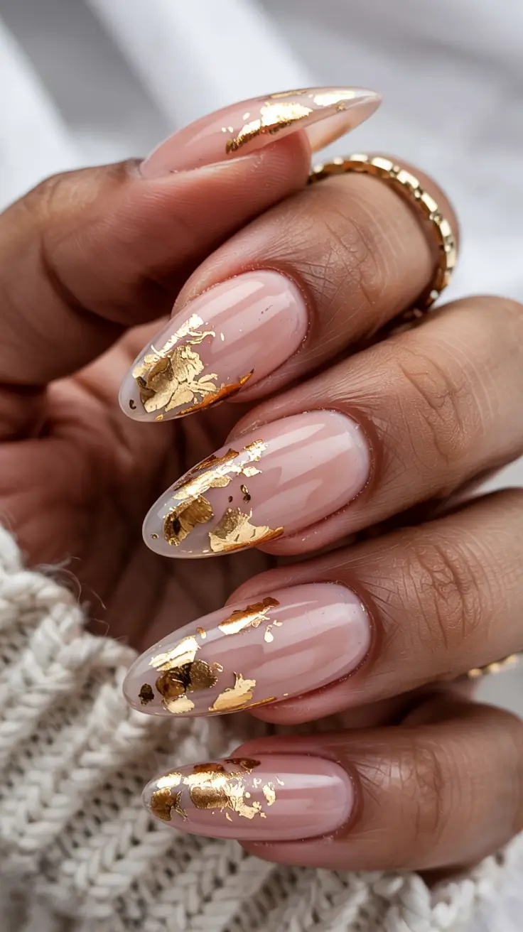 gold nails 2026 Rose-Gold Leaf on Milky Pink