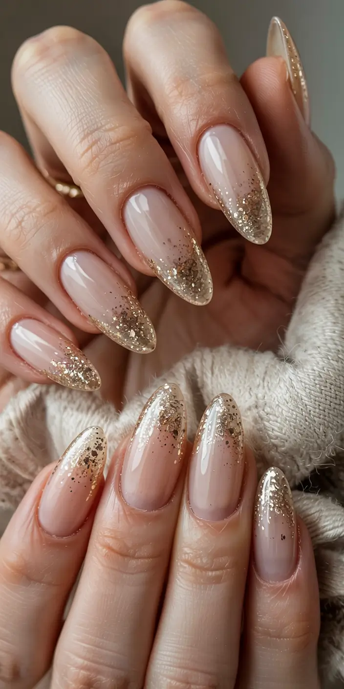 gold nails 2026 Champagne Glitter Fade on Barely-There Pink
