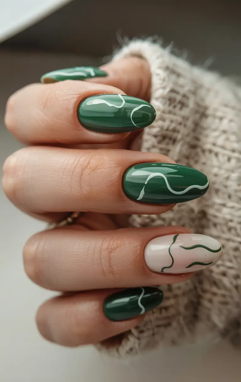 green nails 2026 Modern Squiggle Art in Forest + Nude