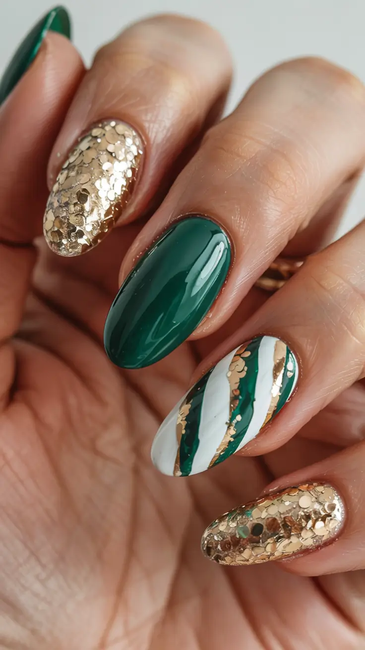green nails 2026 Holiday Glam Stripes & Glitter