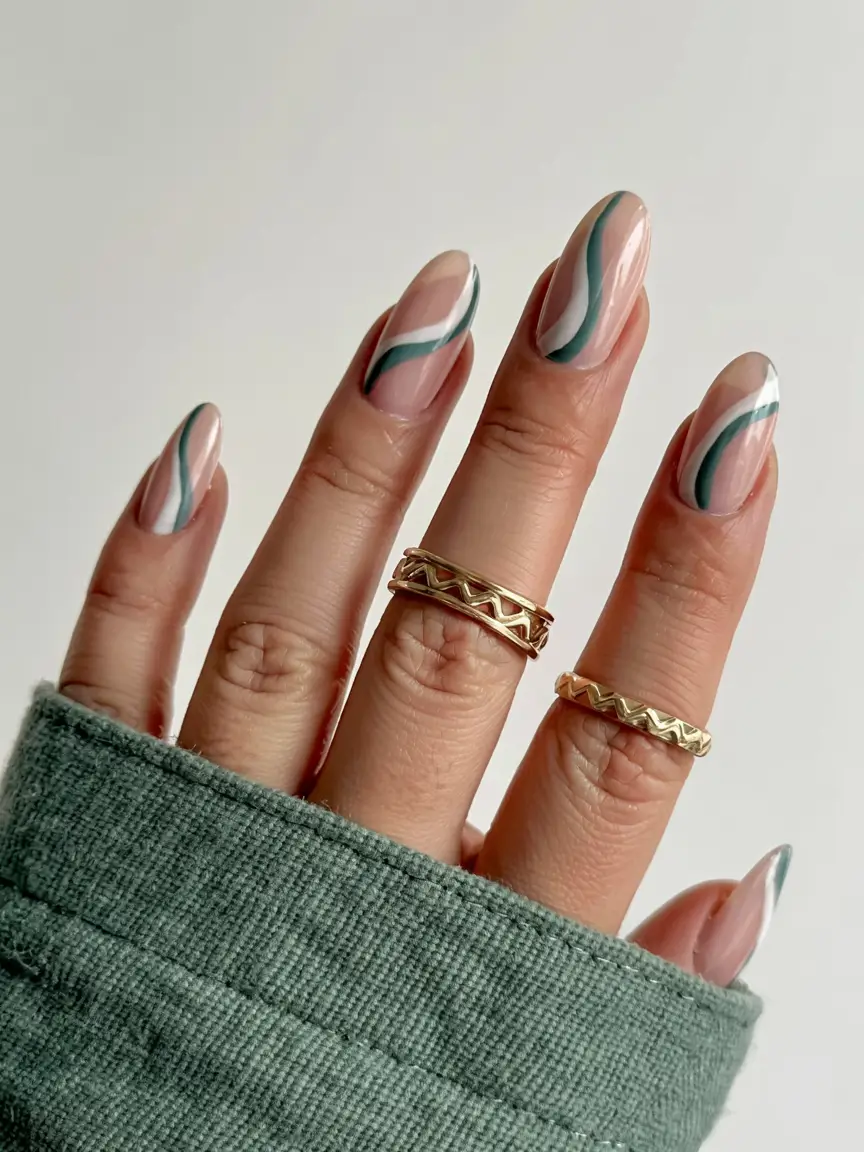 green nails 2026 Abstract Swirl in Sage and White