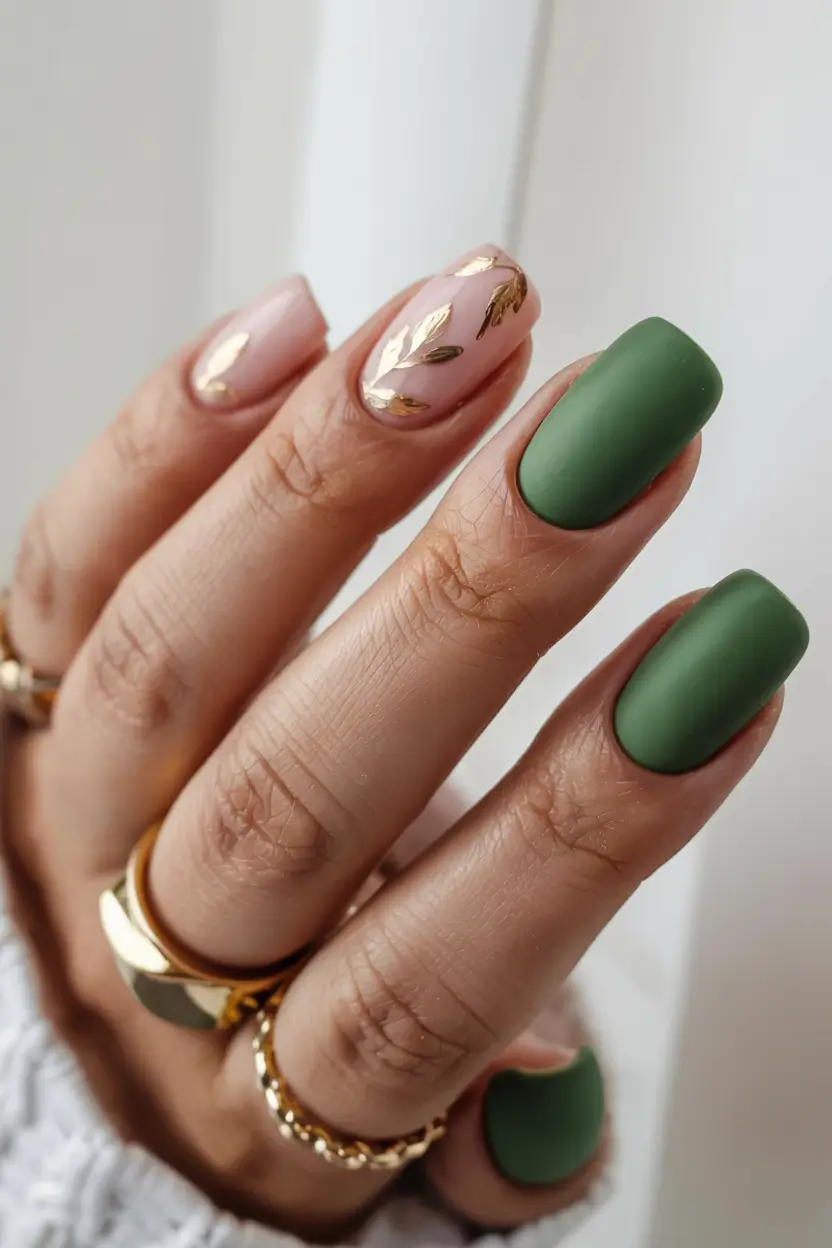 green nails 2026 Matte Moss & Gold Leaf Detail