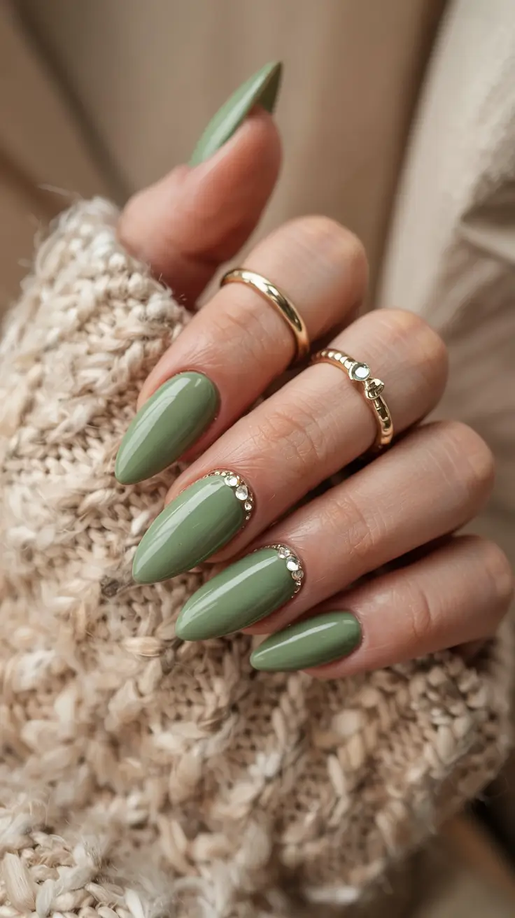 green nails 2026 Sage Crystal Charm with Gold Details