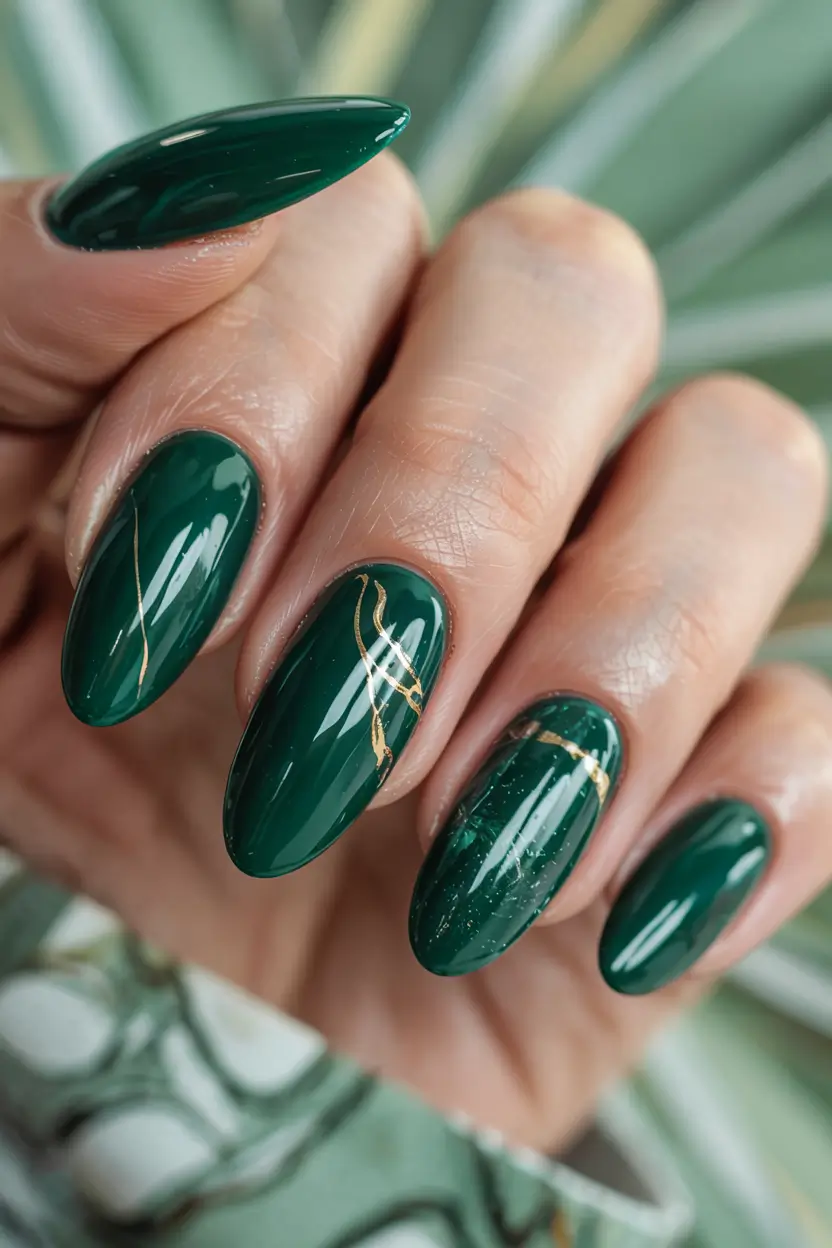 green nails 2026 Golden Vein Forest Marble