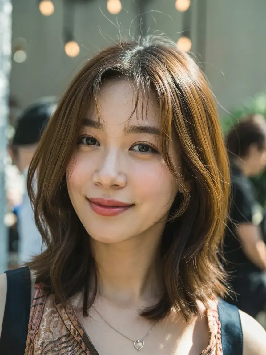 Haircuts for Chubby Faces ideas 2026+Sun-Kissed Mid-Lob with Baby Bangs