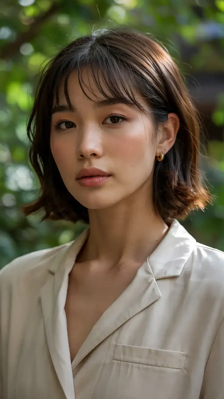 Haircuts for Chubby Faces ideas 2026+Neck-Length Bob with Airy Curtain Bangs