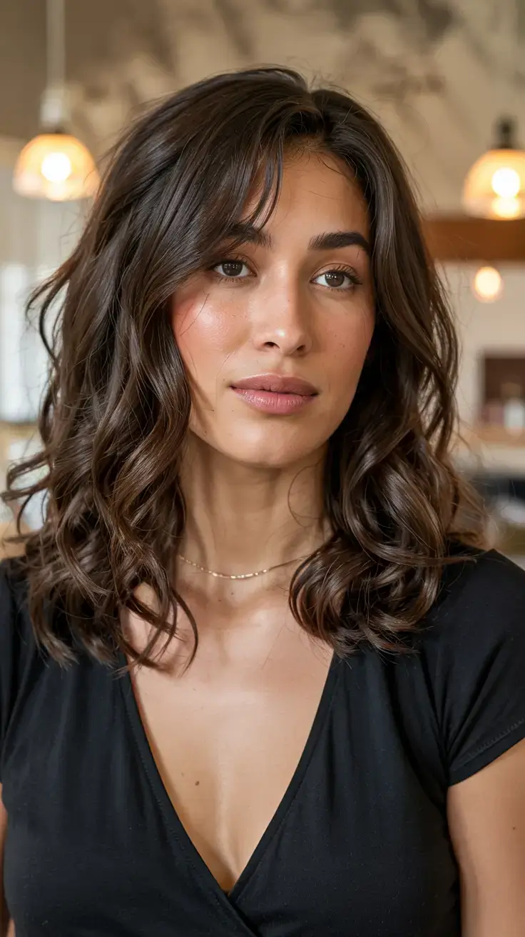 Haircuts for Chubby Faces ideas 2026+Loose Glam Waves with Crescent Bangs