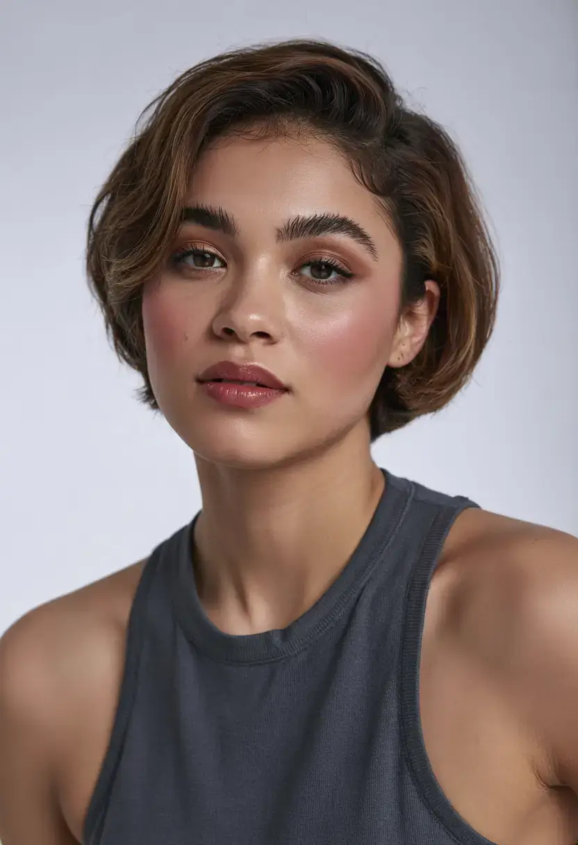 Haircuts for Chubby Faces ideas 2026+Sculpted Side-Swept Bob with Brushed Layers