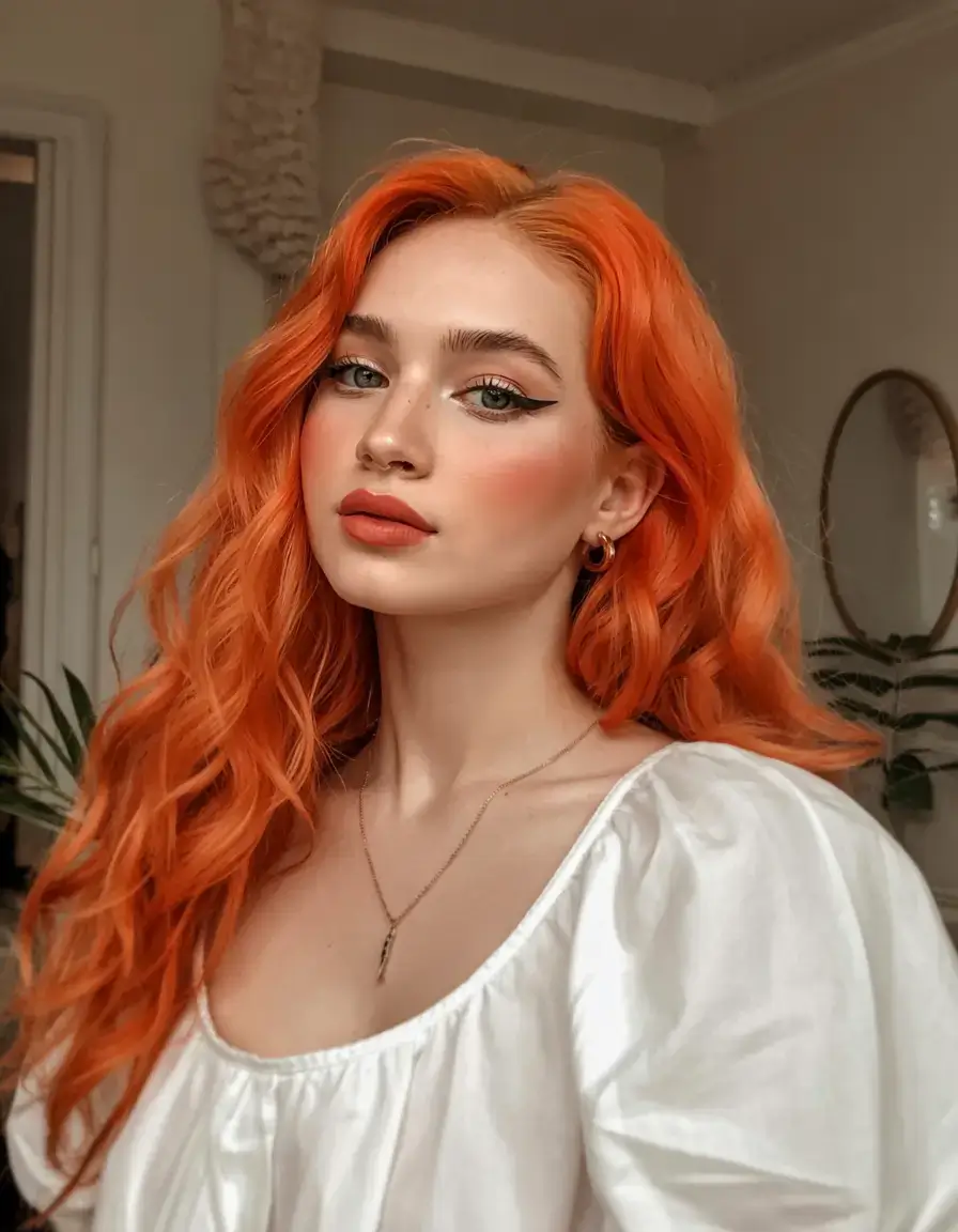 Haircuts for Chubby Faces ideas 2026+Mermaid-Length Bold Orange with Soft Waves