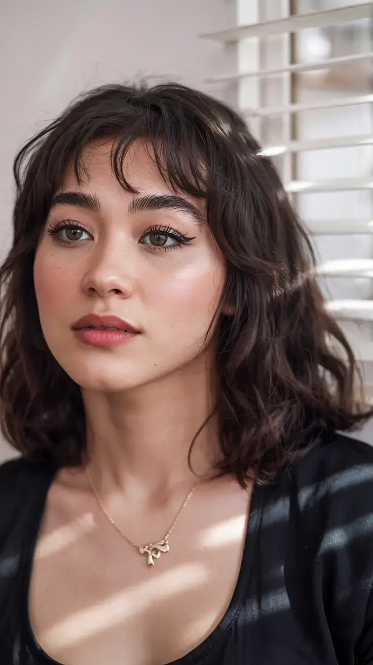 Haircuts for Chubby Faces ideas 2026+Shaggy Lob with Baby Fringe