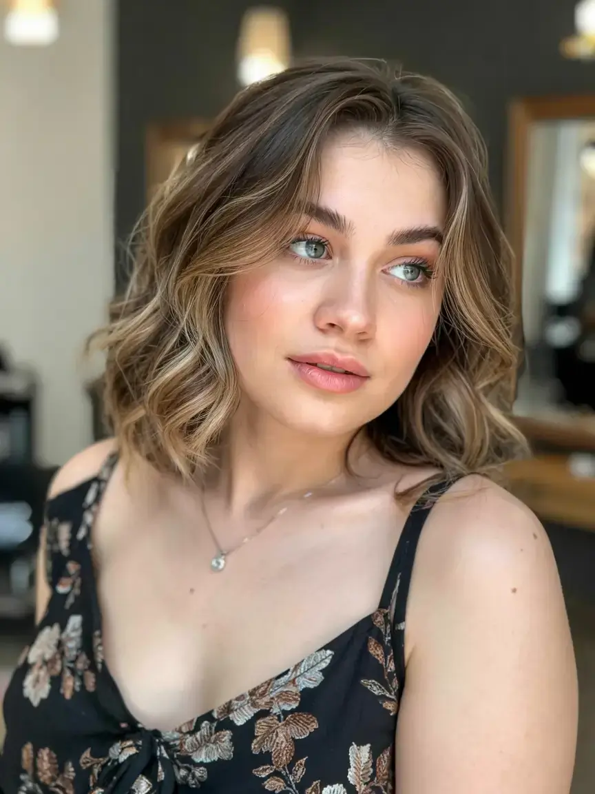 Haircuts for Chubby Faces ideas 2026+Golden-Warm Balayage Bob with Soft Waves