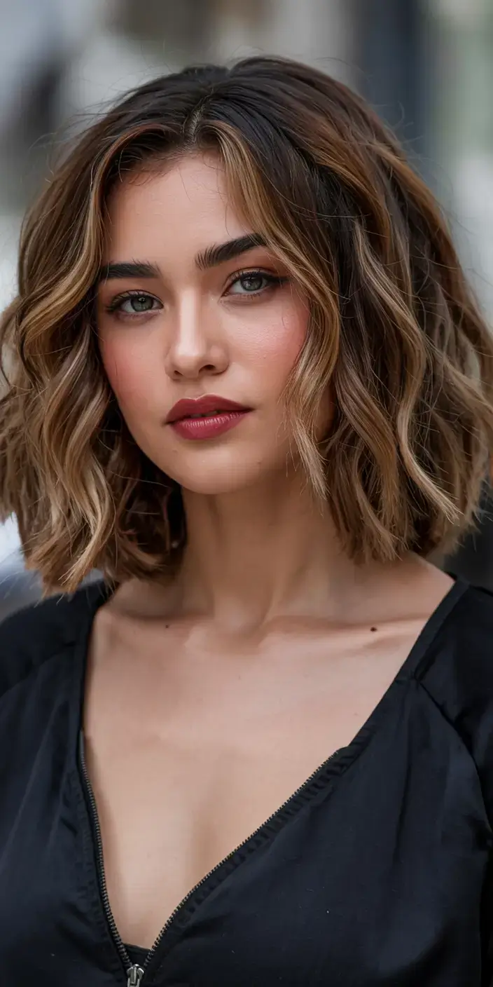 Haircuts for Chubby Faces ideas 2026+Glossy Chin Bob with Soft Center Part