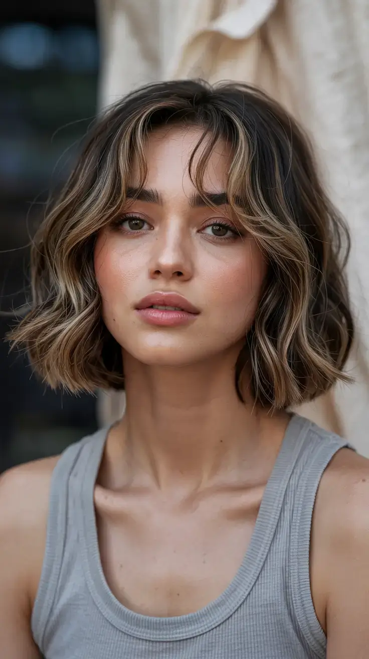 Haircuts for Chubby Faces ideas 2026+Structured Bob with Soft Curtain Bangs and Blonde Contour