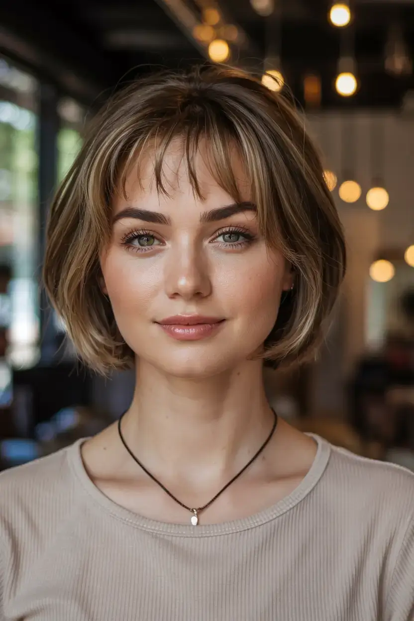 Haircuts for Chubby Faces ideas 2026+Rounded Bob with Soft Blonde Lowlights and Bangs