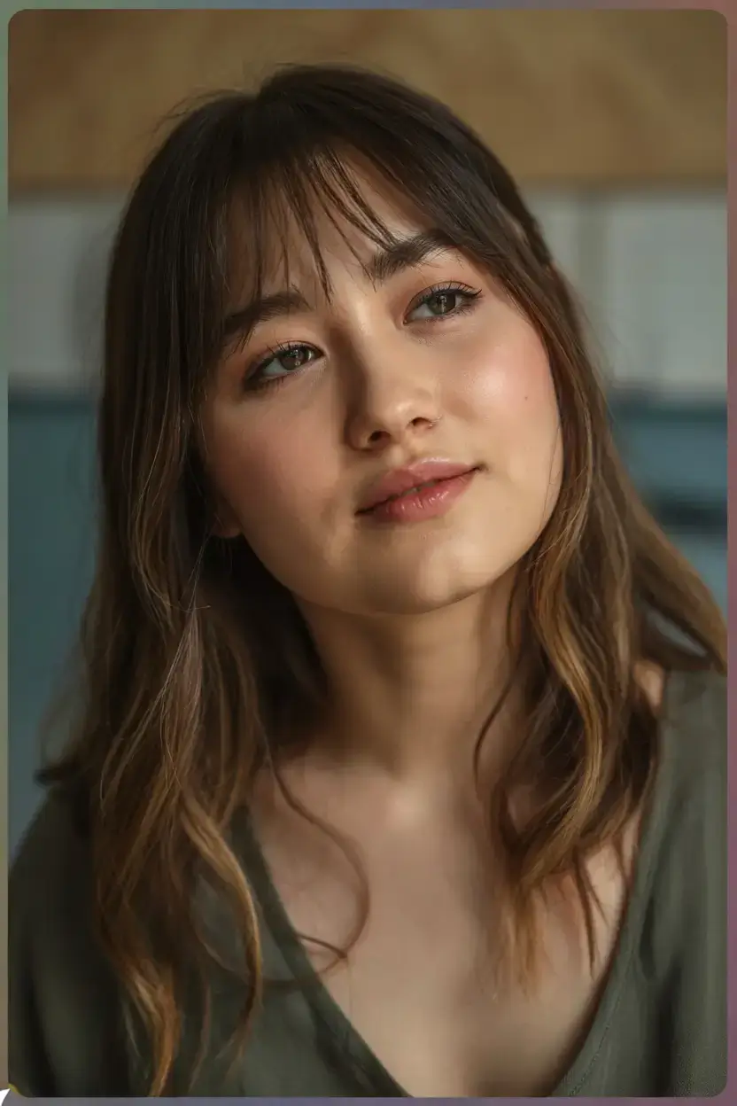 Haircuts for Chubby Faces ideas 2026+Wispy Curtain Bangs with Soft Natural Waves