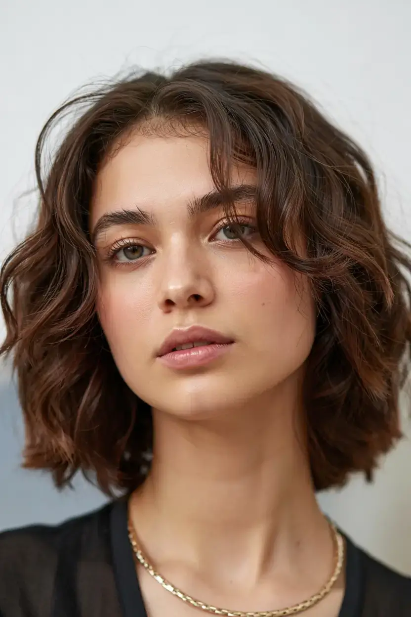 Haircuts for Chubby Faces ideas 2026+Modern Bob with Airy Curtain Fringe and Barely-Waves