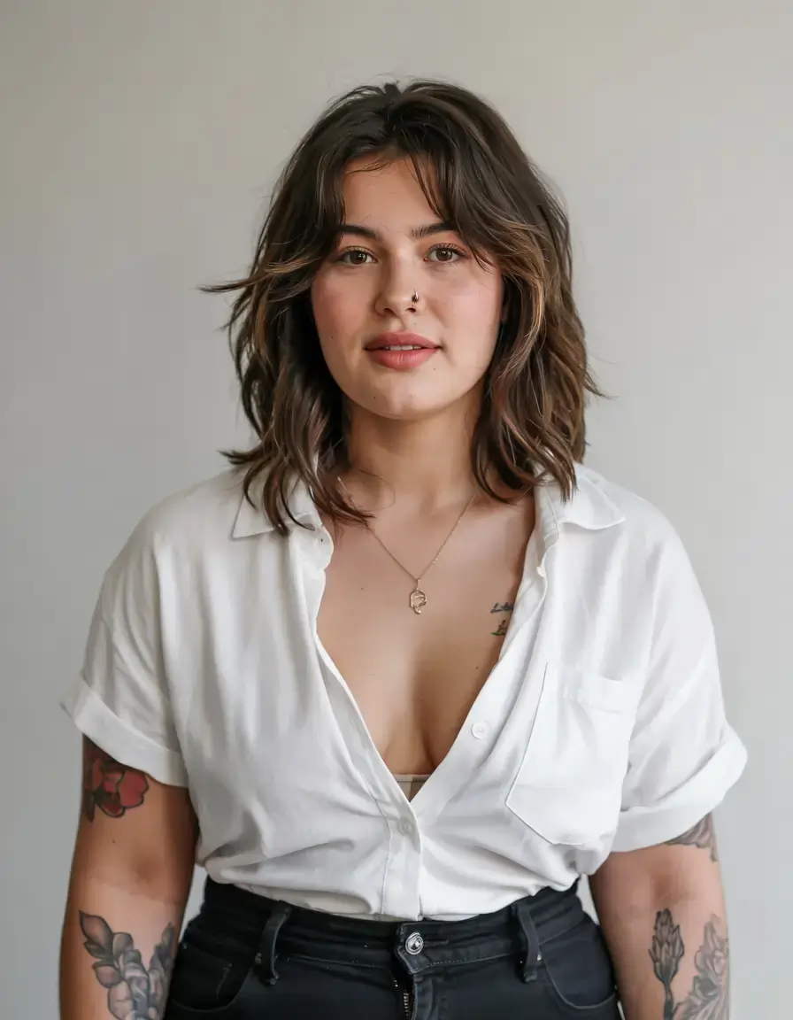 Haircuts for Chubby Faces ideas 2026+Textured Shag with Choppy Layers