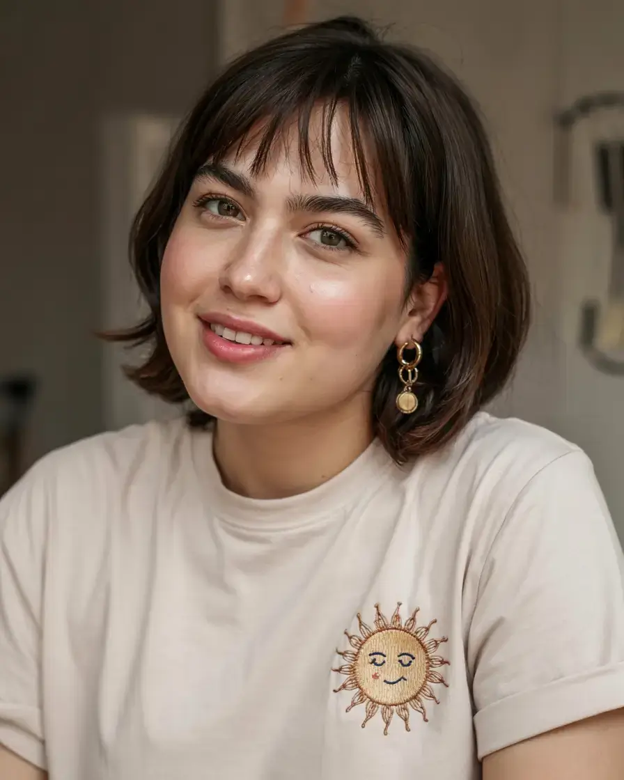 Haircuts for Chubby Faces ideas 2026+Blunt Bob with Micro Curtain Bangs