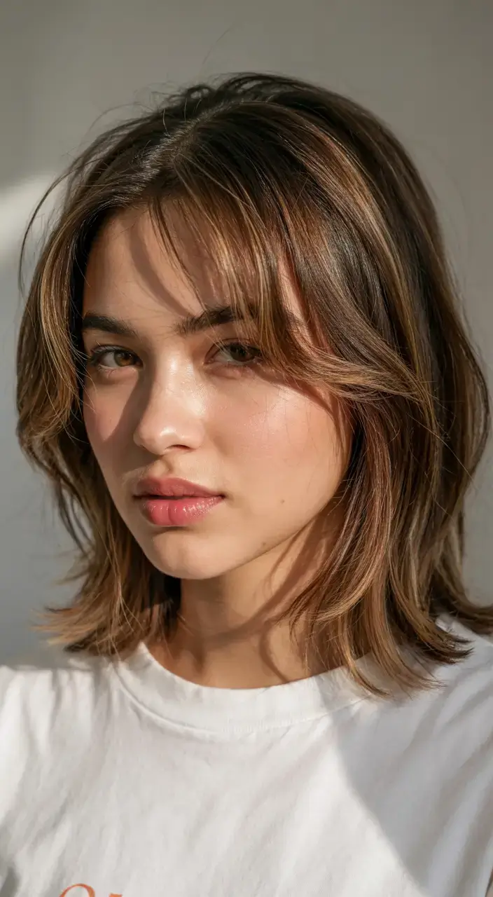 Haircuts for Chubby Faces ideas 2026+Light Brown Shoulder-Length Layers with Warm Highlights