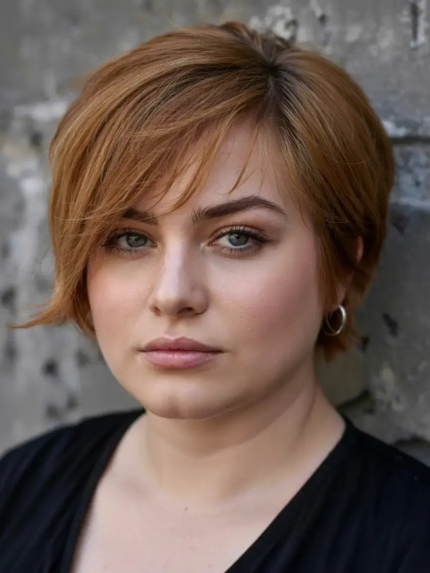 Haircuts for Plus Size Women ideas 2026+Warm Honey Pixie with Swooped Fringe