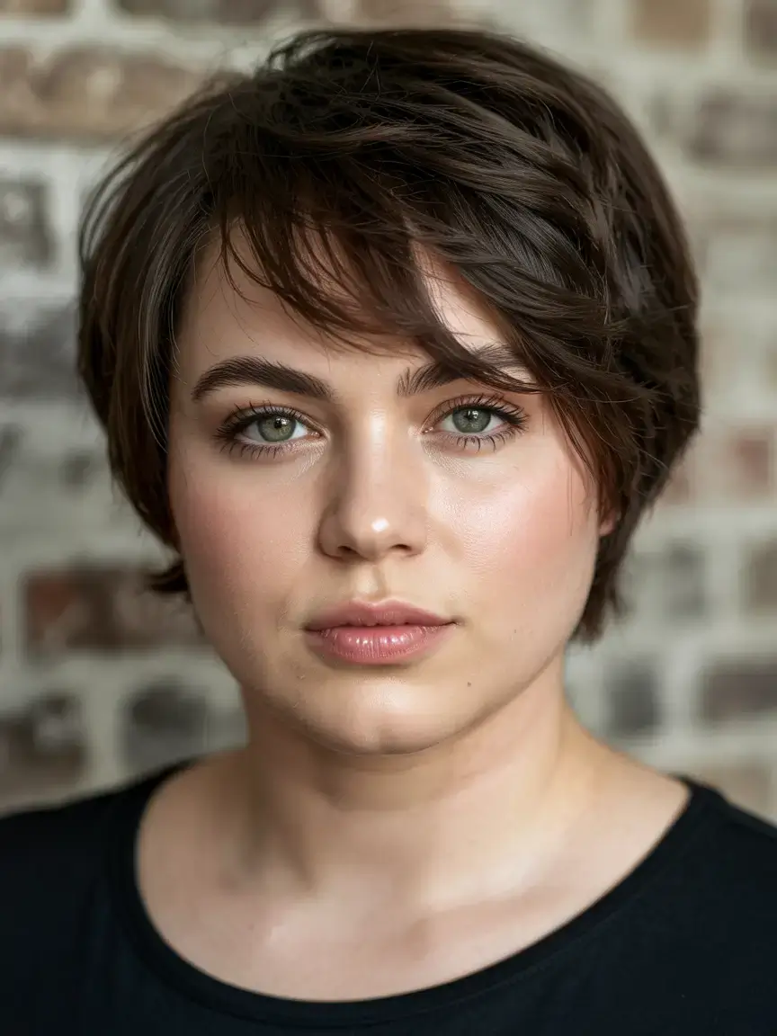 Haircuts for Plus Size Women ideas 2026+Tousled Espresso Pixie with Baby Bangs
