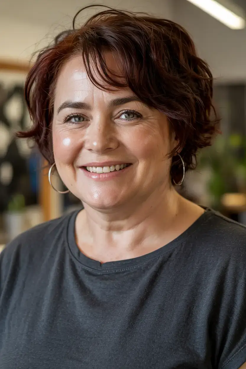 Haircuts for Plus Size Women ideas 2026+Textured Burgundy Crop with Dimensional Body