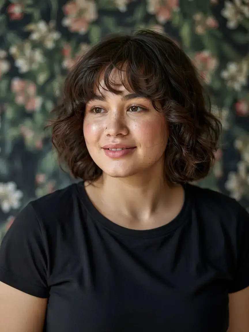 Haircuts for Plus Size Women ideas 2026+Curly Bob with Fluffy French Bangs