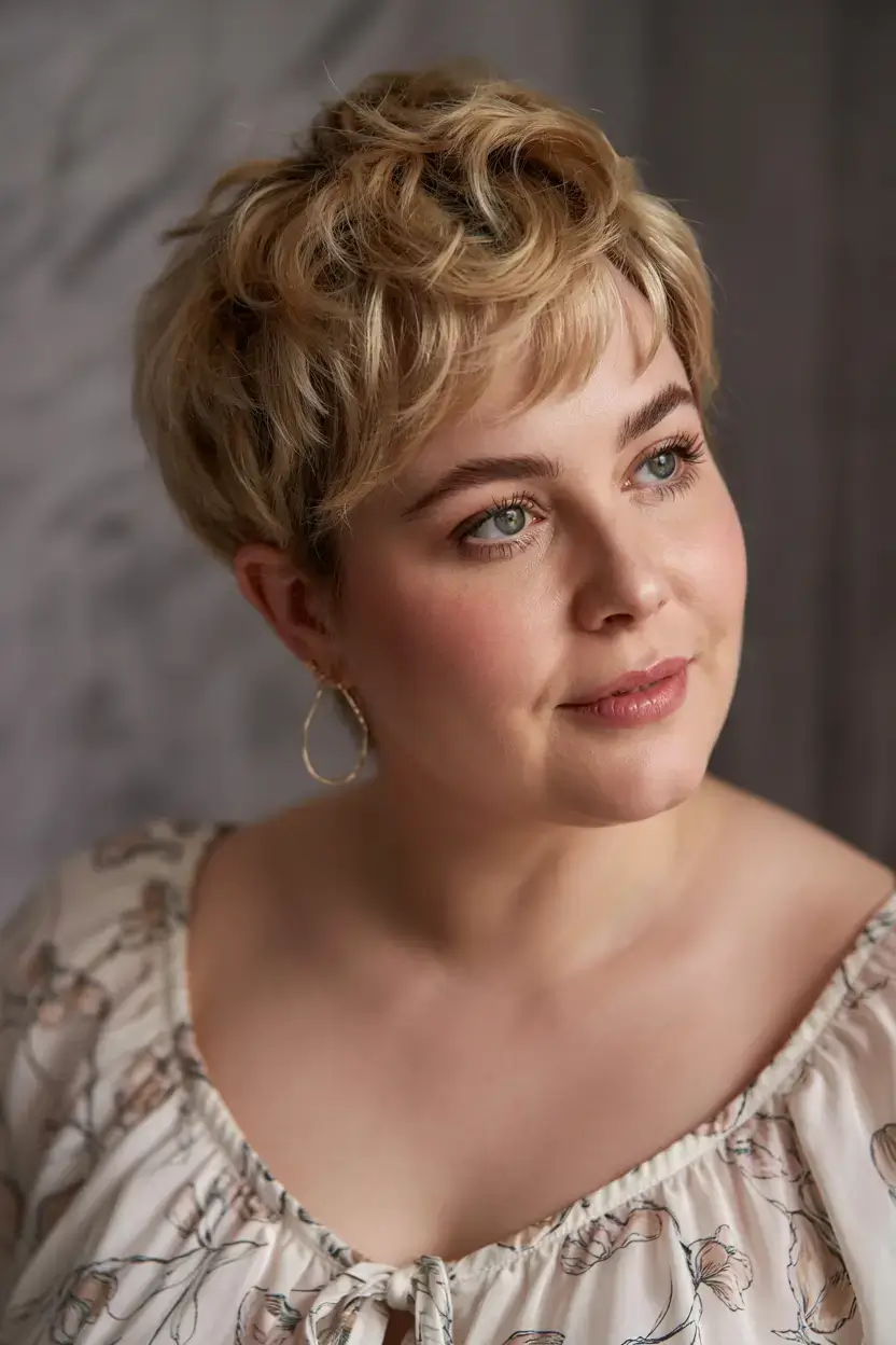 Haircuts for Plus Size Women ideas 2026+Layered Honey Crop with Soft Curl Detail