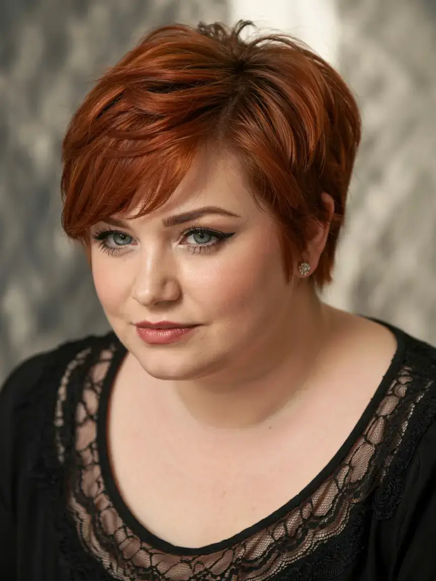 Haircuts for Plus Size Women ideas 2026+Vintage-Cool Pixie with Auburn Layers