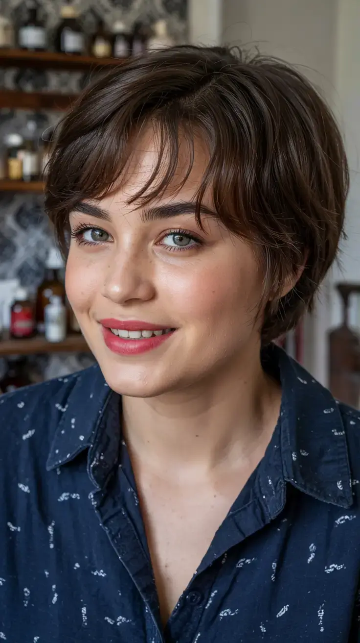 Haircuts for Plus Size Women ideas 2026+Feathered Pixie with Curtain Bangs