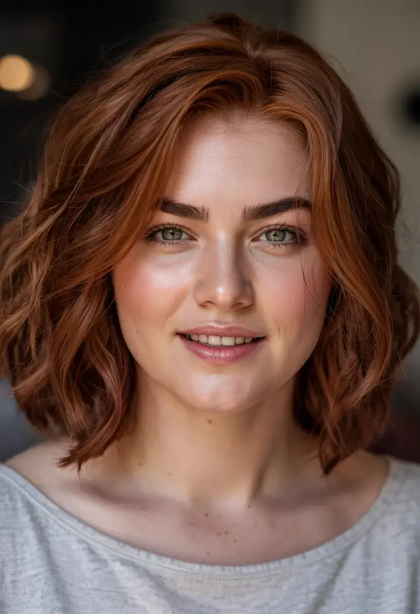 Haircuts for Plus Size Women ideas 2026+Soft Ginger Waves with Mid-Length Layers