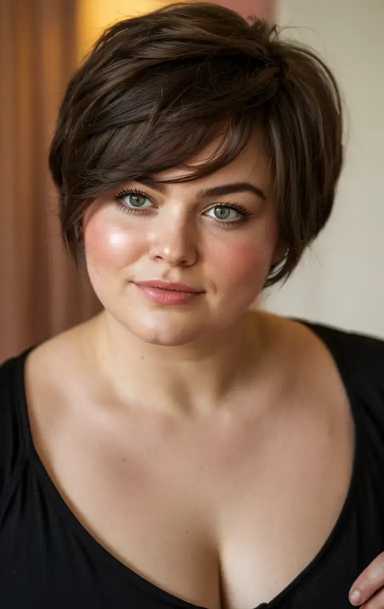 Haircuts for Plus Size Women ideas 2026+Full-Bodied Crop with Side-Swept Bangs