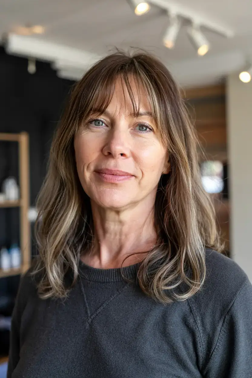 Haircuts for Women Over 40 ideas for 2026 Mid-Length Waves with Curtain Bangs
