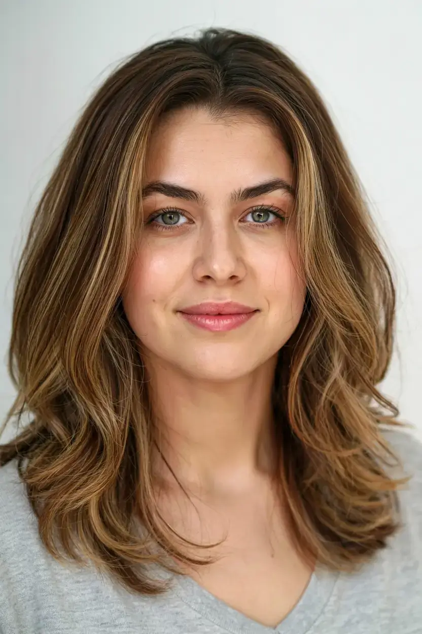 Haircuts for Women Over 40 ideas for 2026 Feathered Mid-Length Layers with Rich Warmth
