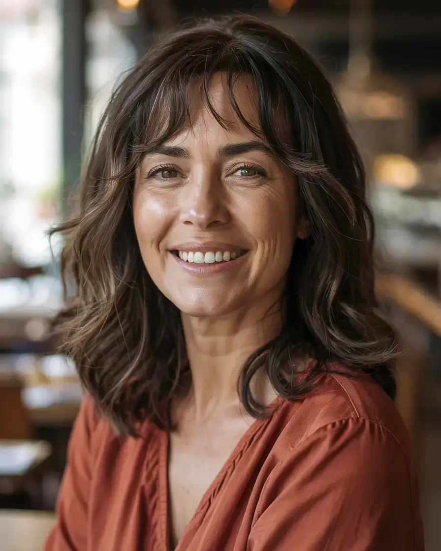 Haircuts for Women Over 40 ideas for 2026 Modern Wavy Shag with Tousled Fringe