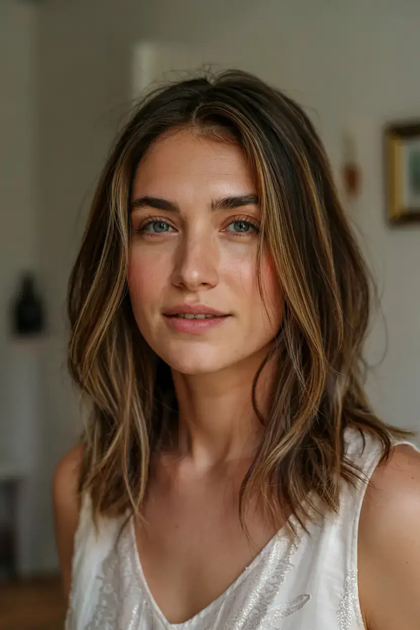 Haircuts for Women Over 40 ideas for 2026 Undone Mid-Length Layers with Lowlight Contrast