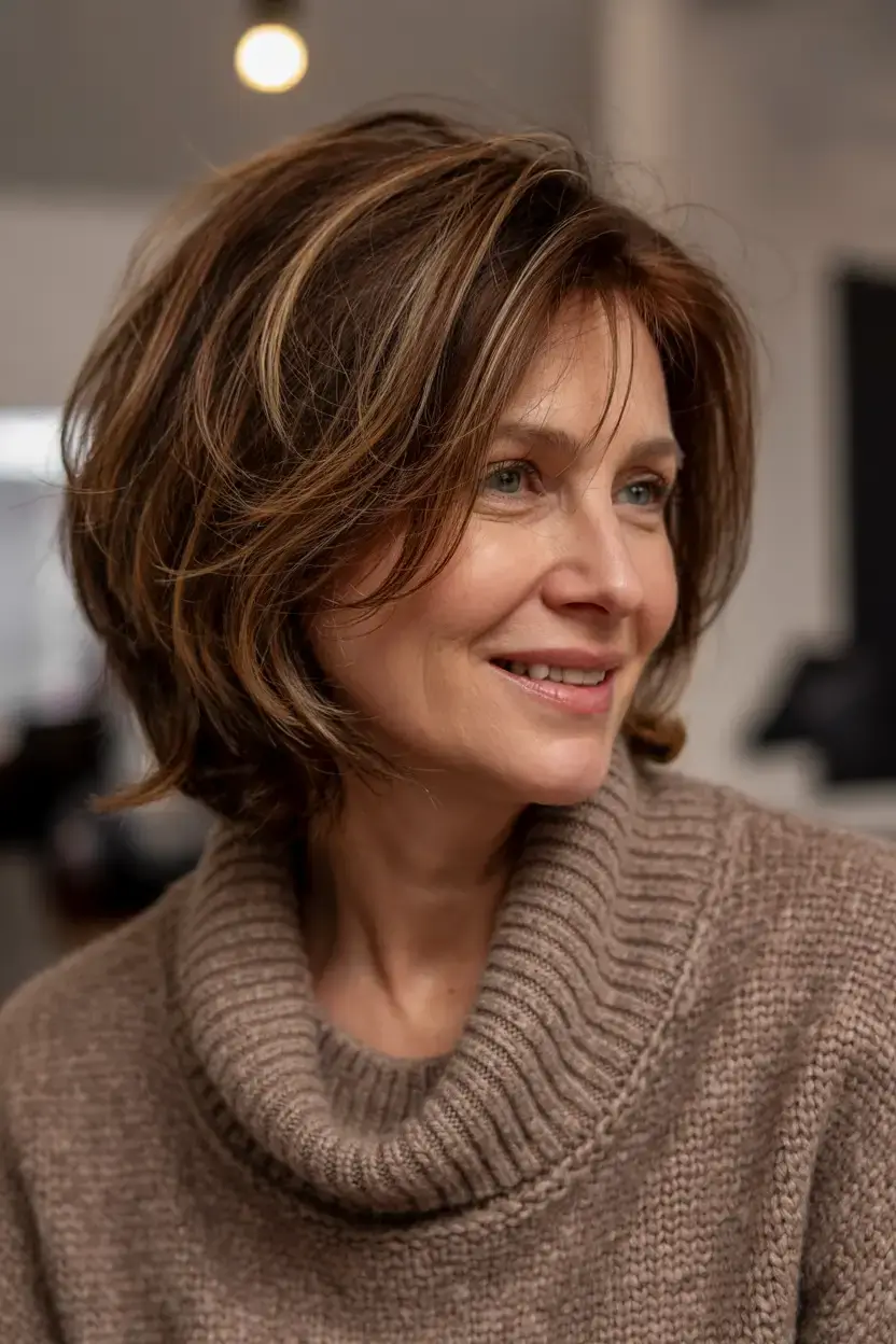 Haircuts for Women Over 40 ideas for 2026 Layered Bouncy Bob with Chestnut Dimension