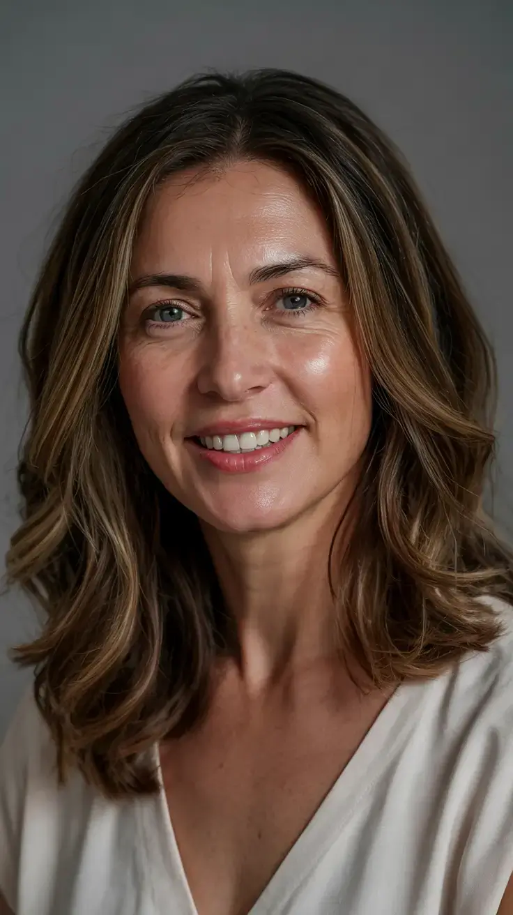 Haircuts for Women Over 40 ideas for 2026 Glossy Mid-Length Waves with Subtle Lowlights