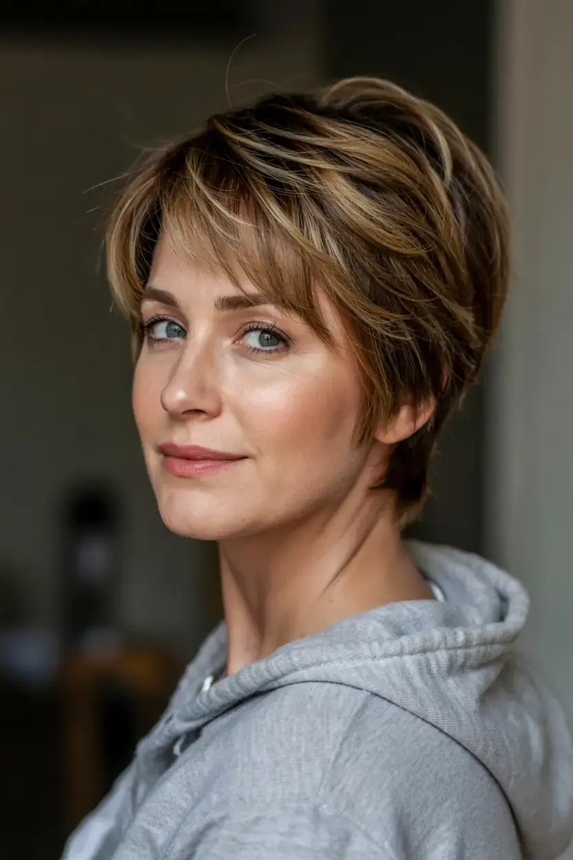 Haircuts for Women Over 50 ideas for 2026 Stacked Brunette Pixie with Face-Framing Layers