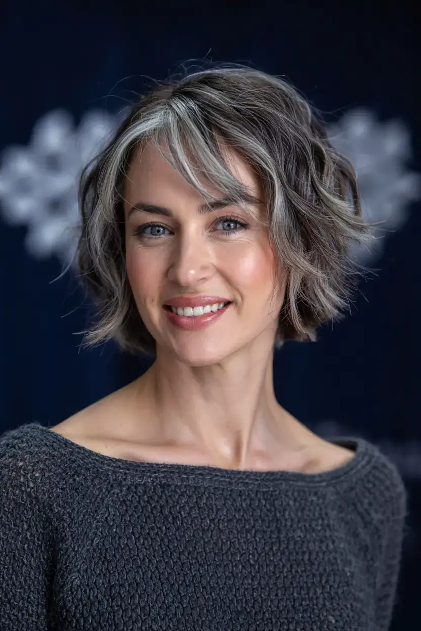 Haircuts for Women Over 50 ideas for 2026 Wavy Salt-and-Pepper Bob with Side Fringe