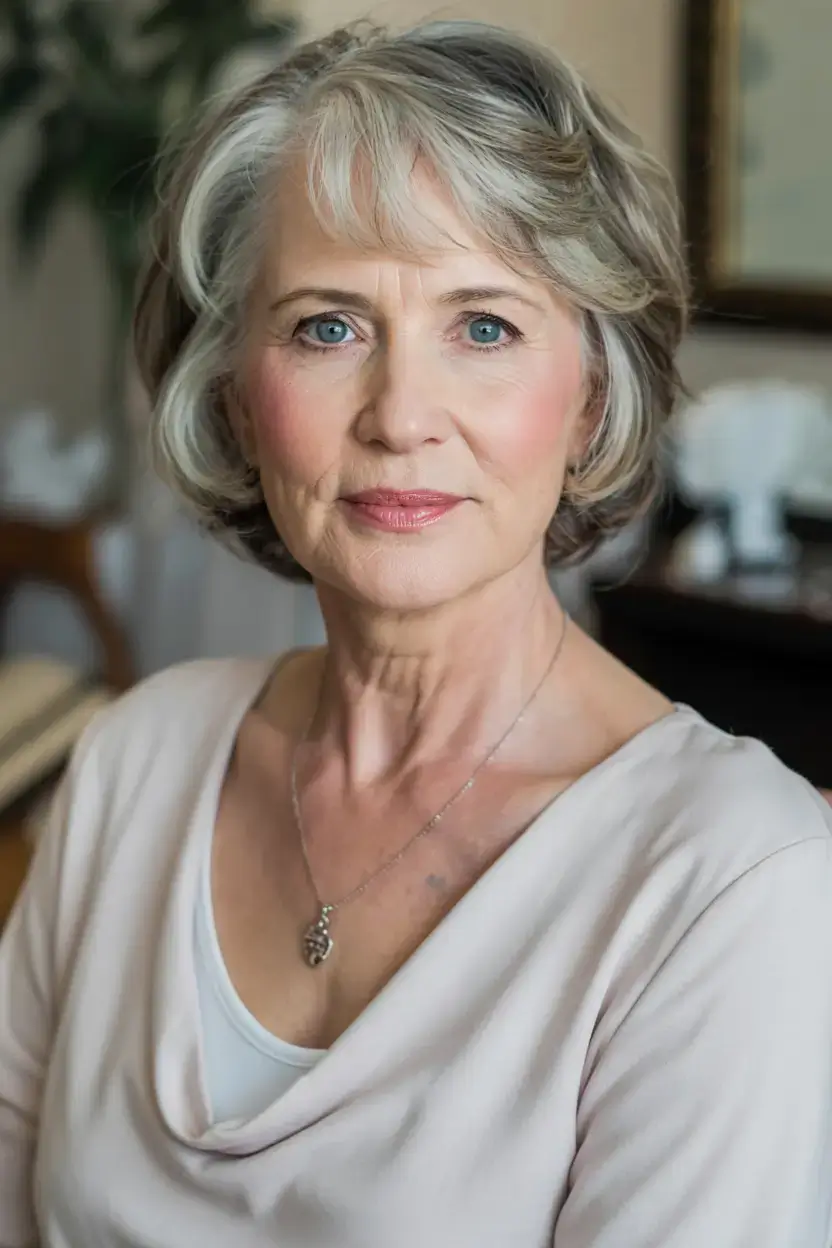 Haircuts for Women Over 50 ideas for 2026 Voluminous Silver Bob with Swept Fringe