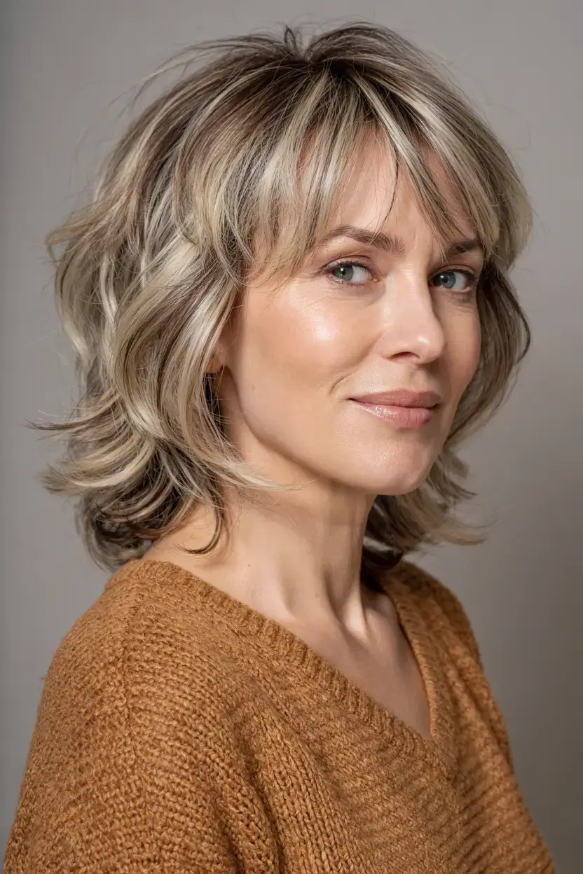 Haircuts for Women Over 50 ideas for 2026 Layered Sandy Blonde Shag with Wispy Bangs