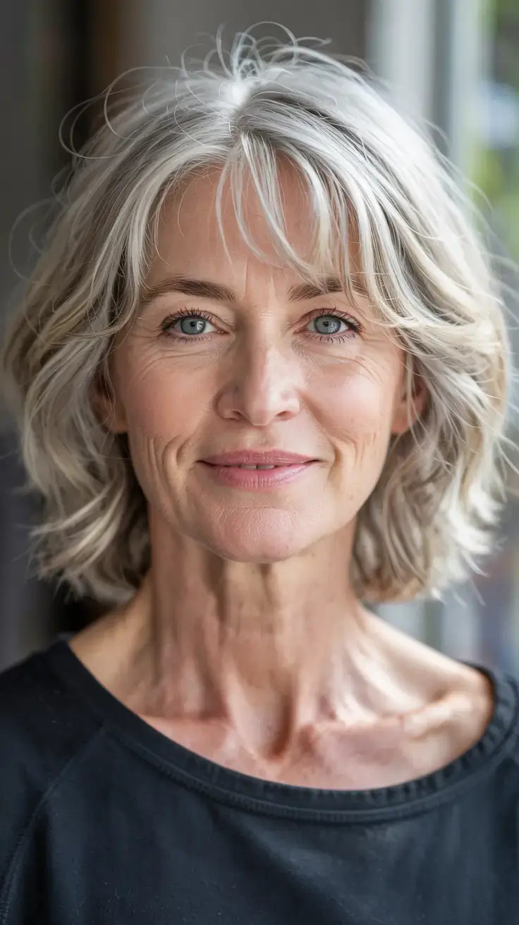Haircuts for Women Over 50 ideas for 2026 Soft Silver Waves with Curtain Bangs